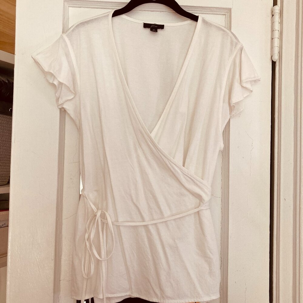 J.Crew White Cotton Wrap Tie Top Flutter Sleeve NWOT Size 12